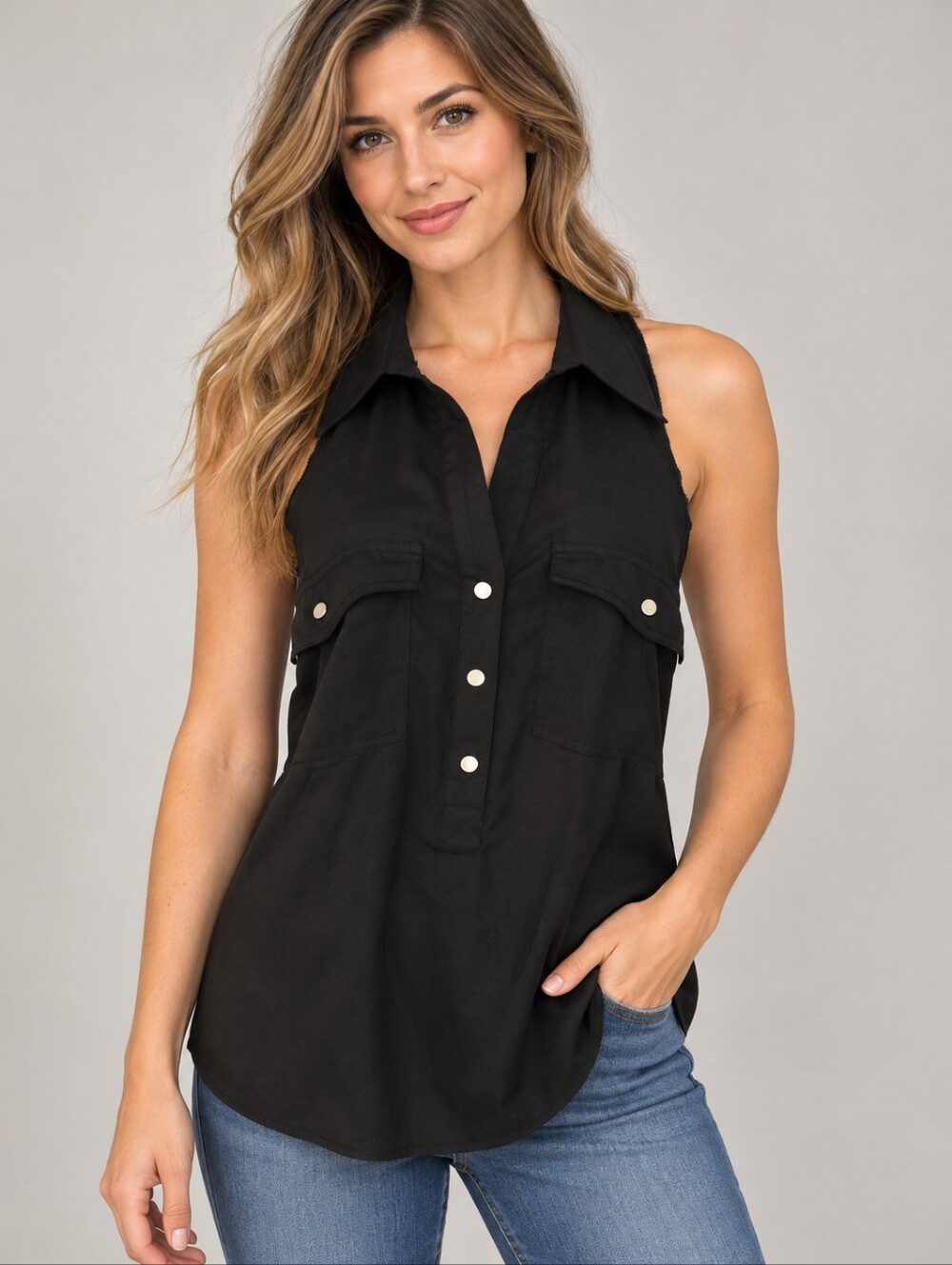 ROCK & REPUBLIC Sleeveless Button-Front Black Top